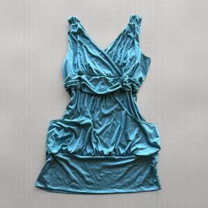 Y2K Orsay Teal Silky Jersey Wrap Tank Top Womens Ruched Empire Waist Bubble Hem